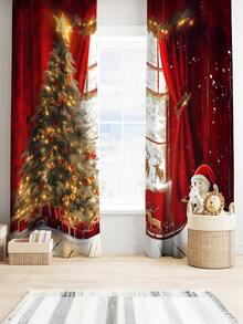 2 Stück Weihnachts-Themen Digital-Bedruckte Vorhänge - Fenster mit roten Vorhängen & einem funkelnden Weihnachtsbaum Innendesign, einfache Stangentasche-Installation, halbtransparenter Polyester - für Wohnzimmer/Küchen/Schlafzimmer/Esszimmer, verleiht Ihrem Zuhause Weihnachtsstimmung