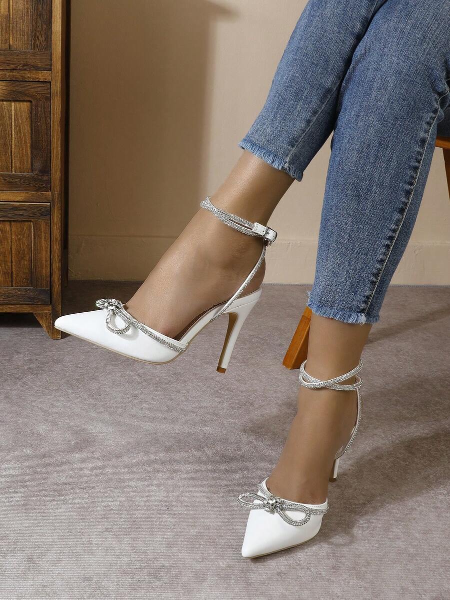 Elegant Women's Pointed Toe Solid Color Pumps, Fashion Rhinestone Bow Sexy Rhinestone Strap Shoes - White - View 1