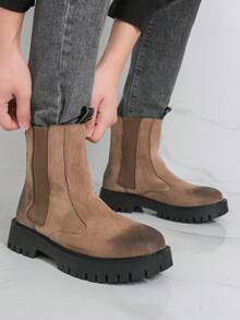 厚底德比靴，时尚靴筒靴，仿麂皮衬里，摩托车靴情侣款，棕色 - 棕色 - 查看 4