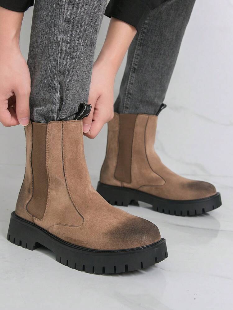 厚底德比靴，时尚靴筒靴，仿麂皮衬里，摩托车靴情侣款，棕色 - 棕色 - 查看 4