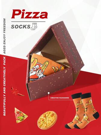 1 Pair Pizza Patterned Socks, Suitable For Daily Life And Outdoor Sports, High Quality Thick Autumn/Winter Men's Socks, Interesting Geometric Tomato Print Women's Mid-Calf Socks, Unique Holiday Pizza Gift Box Design Long Socks, Suitable For Halloween/Christmas/Birthday Party/Valentine's Day/Anniversary And Various Festival Imaginative Gifts, Fun Surprise Socks To Give To Friends/Family/Loved Ones