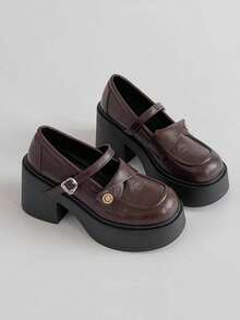 2024新款女士玛丽珍鞋，日系JK皮革绑带鞋，圆头，粗跟 - 棕色 - 查看 1