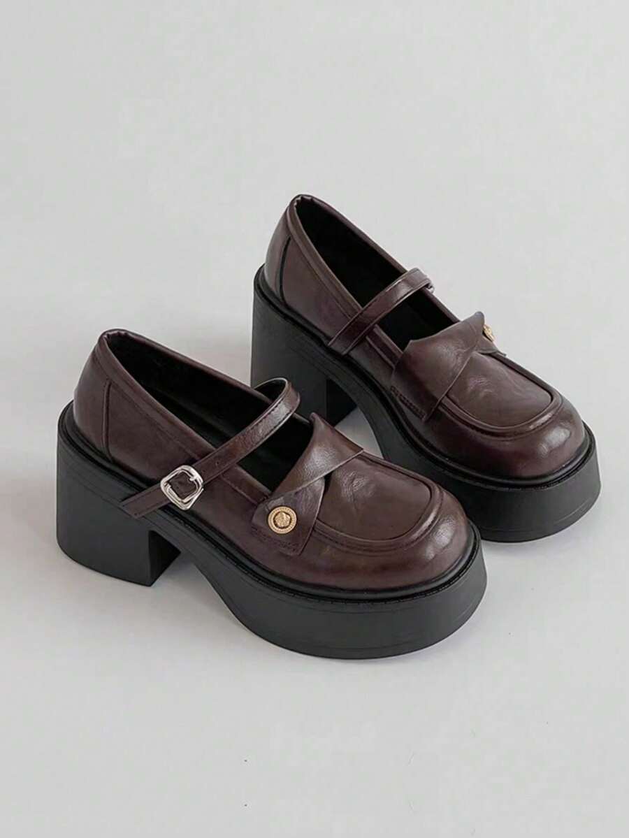 2024新款女士玛丽珍鞋，日系JK皮革绑带鞋，圆头，粗跟 - 棕色 - 查看 1