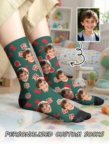 1 par de meias infantis de cano médio com estampa natalina personalizada, meias unissex para meninos e meninas, personalizadas com fotos, meias divertidas para casais, confortáveis e respiráveis, design criativo de desenho animado, presentes perfeitos para feriados, aniversários e Dia dos Namorados, meias divertidas, malucas, de anime, multicoloridas. - Multicolorido - Ver 10
