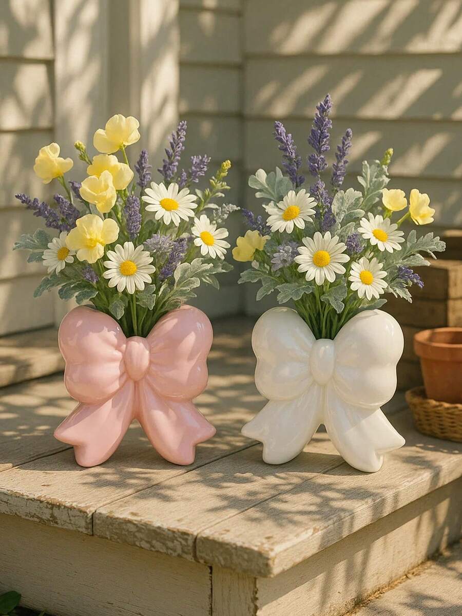 1PC Ribbon Bowknot Decorative Flower Vase, Glossy Bow-Shape Planter For Living Room, Balcony Or Garden Table Home Decor