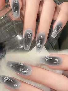 24 片银色月亮和星星设计指甲贴，矩形假指甲，含 1 片果冻指甲胶和 1 个指甲锉，适合派对、旅行、约会按压指甲美甲用品 - 銀色 - 查看 2