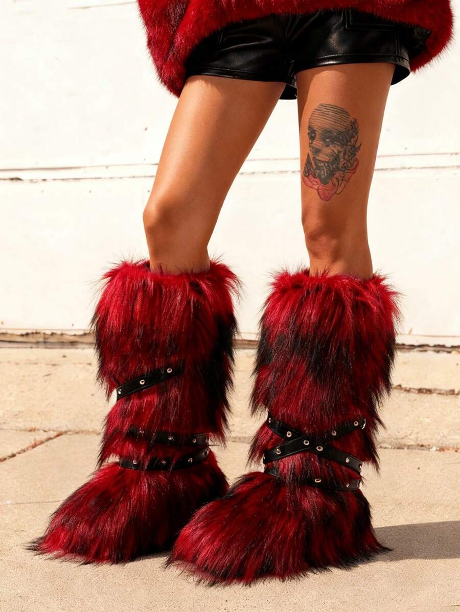 New Winter Warm Plush Artificial Fur Women's Strap Snow Boots - Long Tube Boots With Soft Lining, Comfortable Slide Design, Fashionable Strap Design, Suitable For Outdoor And Indoor Wear In Cold Weather, Neutral Long Ankle Artificial Raccoon Skin Snow Boots - Solid Color Classic, Super Smooth Fur Touch, Perfect Choice For Christmas And Halloween, Y2K Style! Y2K Fashion Men's And Women's Snow Boots - Made Of Synthetic Washed Bear Skin, Silky Ground Touching Fur, Classic Solid Color Tones, Ideal For Christmas And Halloween! Long Unisex Synthetic Raccoon Skin Snow Boots - Solid Color Classic, Super Smooth Fur Landing, Essential For Christmas And Halloween, Edgy Y2K Vibe! Christmas And Halloween Must-Have Fake Washed Bear Skin Snow Boots (Suitable For Both Men And Women) - Solid Color Classic Tone, Smooth Fur Touching The Ground, Fashionable Y2K Appearance! Y2K Men's And Women's Long Boots Snow Boots - Super Smooth Floor Leather, Perfect For Christmas And Halloween Celebrations! - 紅色 - 查看 1