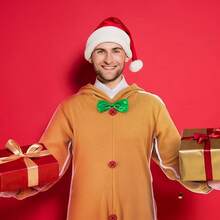 1套成人姜饼人圣诞服装，男女通用姜饼人套装 - 棕色 - 查看 5