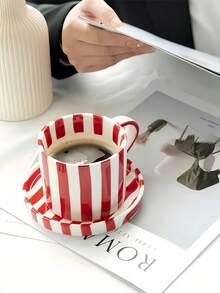 1 Set Pink Striped Coffee Cup & Saucer, Minimalist European Style Ceramic Cup & Saucer Set, Household Breakfast Milk Cup, Water Cup, Juice Cup, Afternoon Tea Cup, Gift Cup - Multicolor - View 10