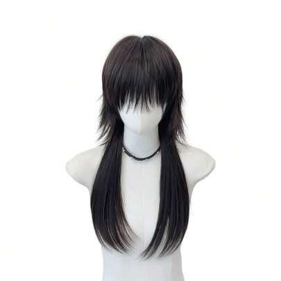 DBrownish Black Jellyfish Head Wig Long Straight Hair With Bangs Synthetic Fiber Wig For Halloween Party