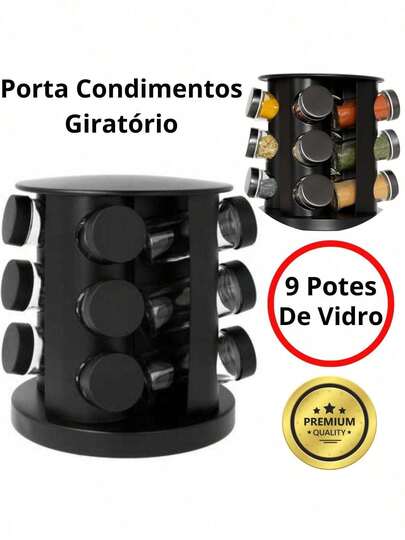 Porta Condimentos Temperos Giratório 9 Potes Vidro 90G com Tampa Dosadora Preto