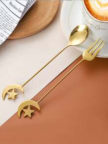 2 pièces, doré, ensemble de cuillère à café et fourchette en forme de croissant de lune et d'étoile pour le Ramadan, en acier inoxydable, créatif, boisson, dessert, brassage, vaisselle, décorations, Nouvel An, Saint-Valentin, Noël, Aïd, cuillère à thé - Multicolore - Voir 9