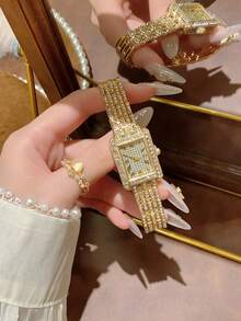 1pc Women's Watch Band. Square Small Dial With Rhinestone Accents. Elegant Versatile Precise Quartz Watch, Suitable For Daily Wear - Gold - View 1