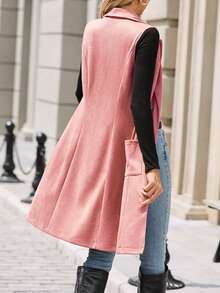1pc Solid Color Pocket Faux Button Women Sleeveless Coat, Suitable For Daily, Travel, Airport, Autumn/Winter - Pink - View 2