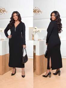 Black Elegant Dress For Women Long Sleeves , Perfect For Spring/Summer Events, Machine Washable Polyester Blend,With A Zipper,Split Skirt ﻿ - Black - View 1