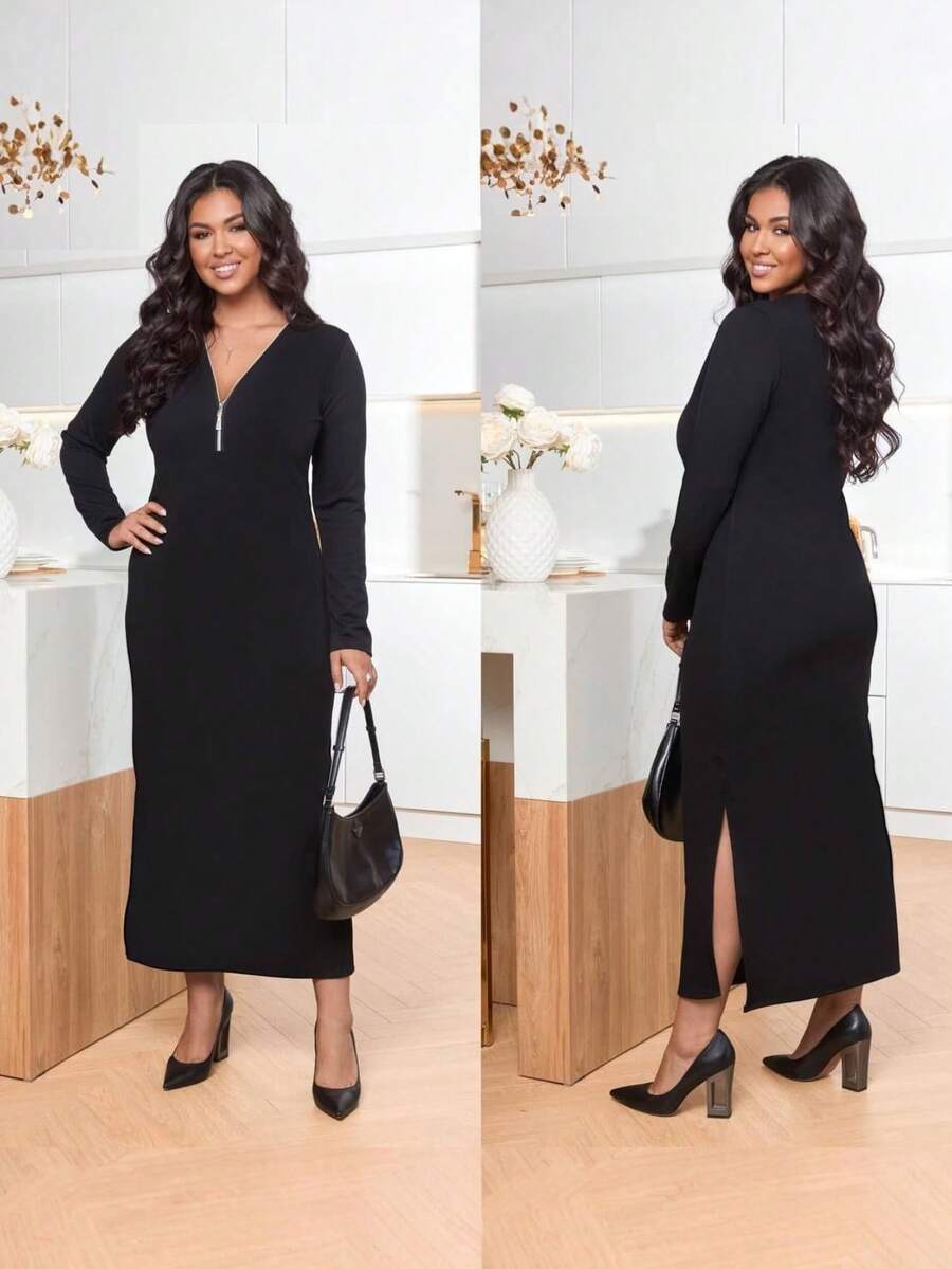 Black Elegant Dress For Women Long Sleeves , Perfect For Spring/Summer Events, Machine Washable Polyester Blend,With A Zipper,Split Skirt ﻿ - Black - View 1