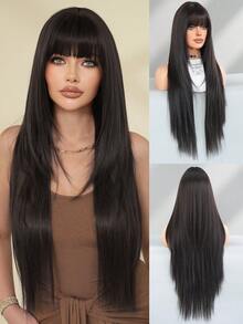 7JHH WIGS 超长直发自然黑色假发，带刘海，超长自然分层假发，优质柔软合成纤维直发假发，适合女士时尚日常学校使用 34 英寸 - 自然黑 - 查看 3