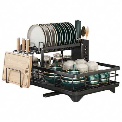 2 Tier Dish Drying Rack - Kitchen Countertop Rack With Drainboard & Utensil Holder