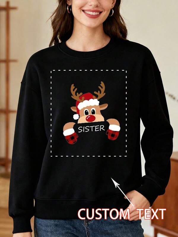Customized Women's Casual Round Neck Hoodie - Christmas Themed Autumn And Winter Warm Pullover, Suitable For Home, Campus, And Outdoor Activities