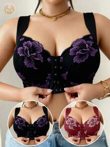 2pcs Front Closure Embroidered Plus Size Bras - Random Floral Print Everyday Bras - Multicolor - View 1