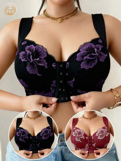 2pcs Front Closure Embroidered Plus Size Bras - Random Floral Print Everyday Bras
