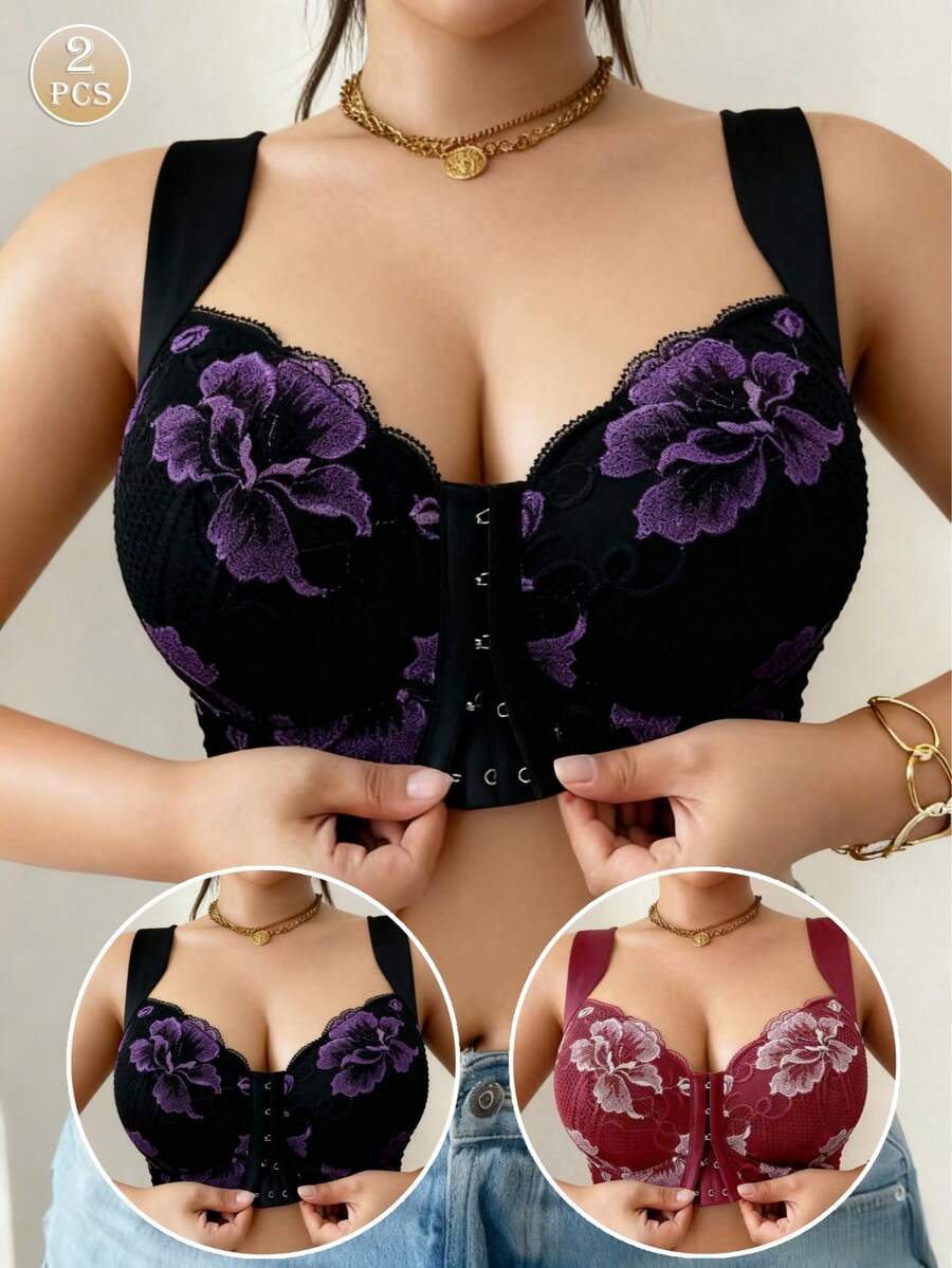 2pcs Front Closure Embroidered Plus Size Bras - Random Floral Print Everyday Bras - Multicolor - View 1