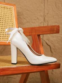 Women's Chunky Heel Pointed Toe High Heels, New Spring/Autumn Pearl Chain Versatile Formal Shoes, Daily Wear, Bridesmaid White French High Heels, Wedding Attire - White - View 5