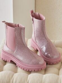 1 Pair Kids' Pink PU Round Toe Lace-Up Fashion Boots