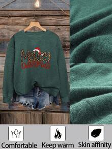 Merry Christmas Print Women's Casual Fashion Warm Faux Knit Top, Casual Long Sleeve Drop Shoulder Pullover, Autumn/Winter Basic Loose Warm Top, Outing Top - Green - View 3