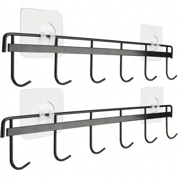 Yizhi Adhesive Wall Hooks Rack Kitchen Rail Space Saving Utensil Holder No Drilling Wall Mounted Accessory Hanger With 6 Hooks For Kitchen Bathroom Bedroom Pack Of 2 Black