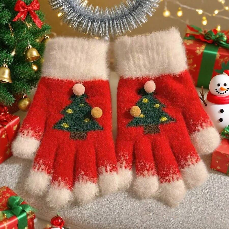 Guantes de punto de invierno navideños, lindos y prácticos compatibles con pantalla táctil, cálidos y acogedores para clima frío, regalo perfecto para las fiestas - Verde - Ver 1