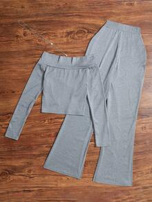 Bộ đồ nữ thanh lịch màu trơn gồm áo dài tay đan chéo và quần skinny dáng suông, thích hợp cho mùa thu/đông xuân. - Xám - Xem 3
