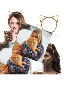 Cute 2pcsl Hollow Leopard Print Cat Ear Decoration - Halloween Party Costume Headband [Leopard Print Pattern Position Is Random], Headband, Headband, Headband, Christmas Gift  Plain  Leopard Print    Polyester    Animal - 淺棕色 - 查看 5