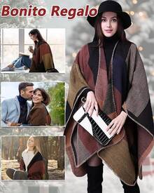 Pashminas Mujer Invierno Frio,Capas Para Mujer Frio,Poncho Termica Grande Con Frente Abierto,Bufanda Invernal Suave De Cuadrícula - Caqui - Ver 6