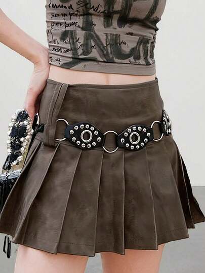 1pc Vintage-Inspired Round Ring Stud Belt With Adjustable Metal Buckle - Faux Leather Half Belt For Women, Perfect For Casual Outings, Parties, And Daily Wear
