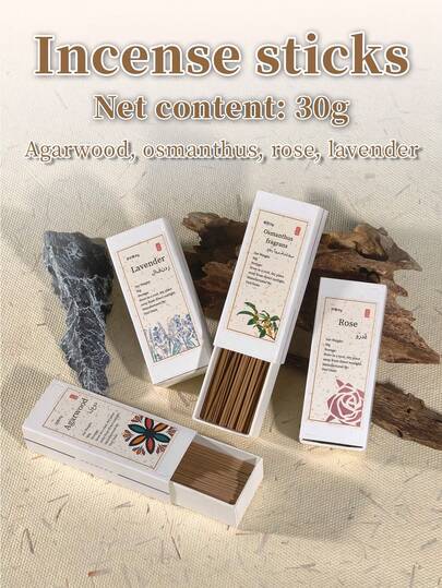 30g, Bâton d'encens, Mini encens court, Aromathérapie naturelle, Matières premières d'agar sélectionnées, Pas d'odeur lors de la combustion, Pas d'odeur piquante, Dégage une douce odeur de bois naturelle et chaude, Facile à sentir et à transporter, Agar, Lavande, Rose, Osmanthus, 4 parfums au choix