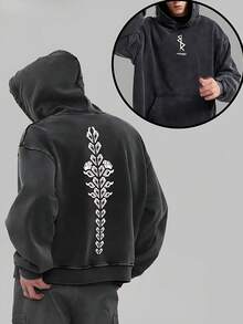 Men's Washed Hooded Sweatshirt - Cyberpunk Anime Retro Washed Heavyweight Cotton Blend Pullover Sweatshirt, Graphic T-Shirt, Anime Enthusiast Gift, Street Style Top, Men's Clothing, Autumn Fashion - Black - View 7