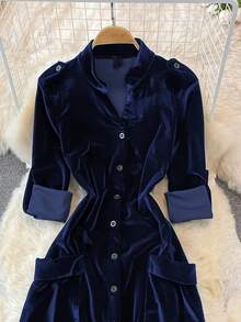 女士复古腰袋单排扣丝绒开衫连衣裙，秋冬优雅春季款 - 藍色 - 查看 3