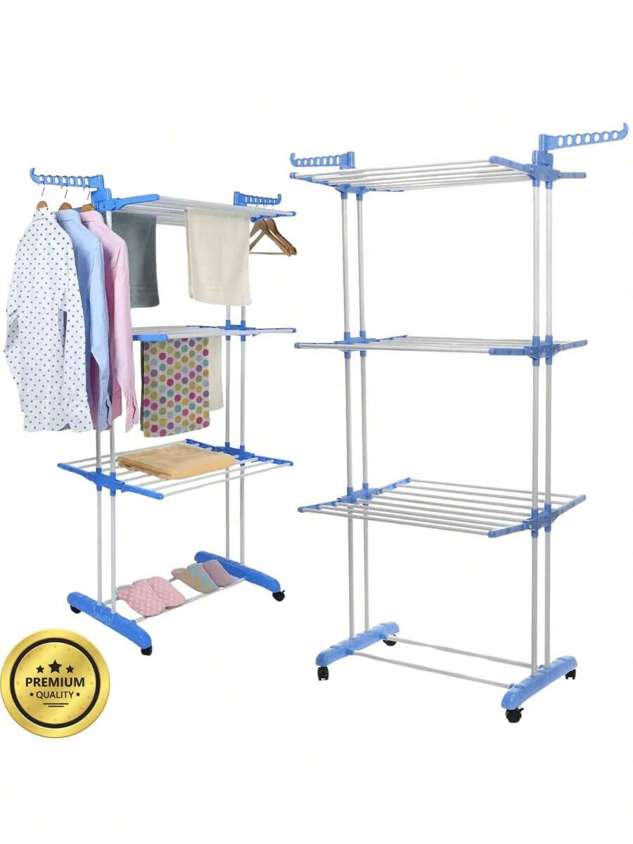 Large 3-Tier Folding Retractable Portable Clothes Drying Rack With Wheels - Blue and White - View 1