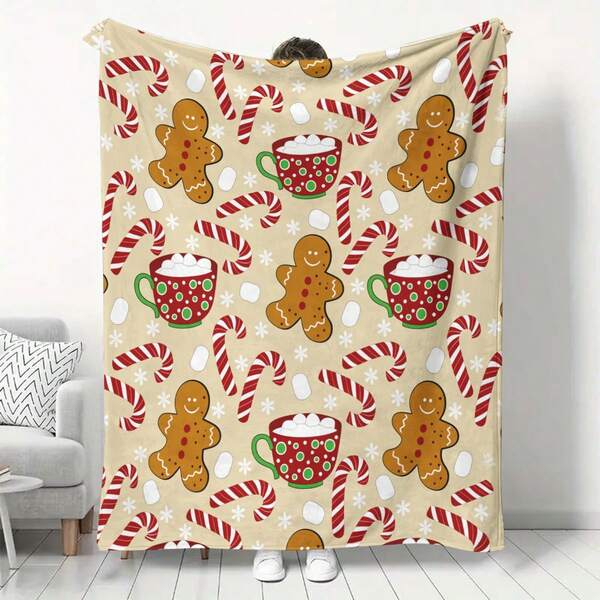 1 szt. Uroczy koc polarowy w kształcie piernika, miękki i ciepły, lekki flanelowy koc z motywem cukrowej laski, idealny na prezent, odpowiedni na sofę, łóżko, do salonu, w podróż, do biura i na Boże Narodzenie