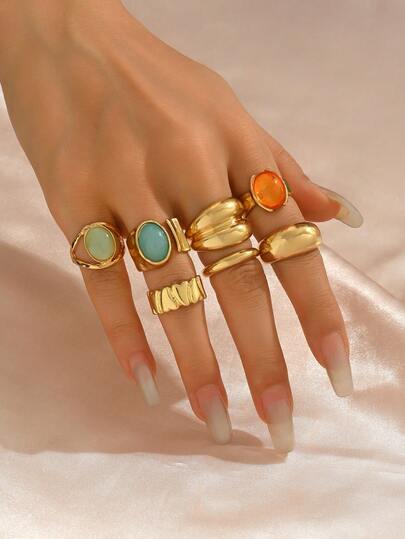 7pcs Vintage Inlaid Stone Asymmetrical Geometric Glamorous Everyday Casual Holiday Rings Set For Women