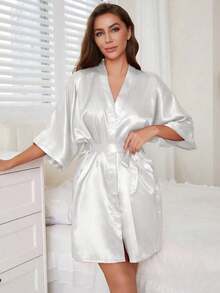 Áo choàng tắm tay ngắn màu trơn dành cho nữ, phù hợp cho mùa xuân và mùa hè, mặc ở nhà, mặc ở khách sạn, mặc dự tiệc, mặc đi bơi - trắng - Xem 2