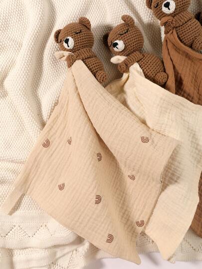 1pc Soft Solid Color Baby Comforting Towel, Brown Bear Design, Face Towel, Drool Towel, Soft Comforting Towel In White, Blue, Coffee, Brown Colors