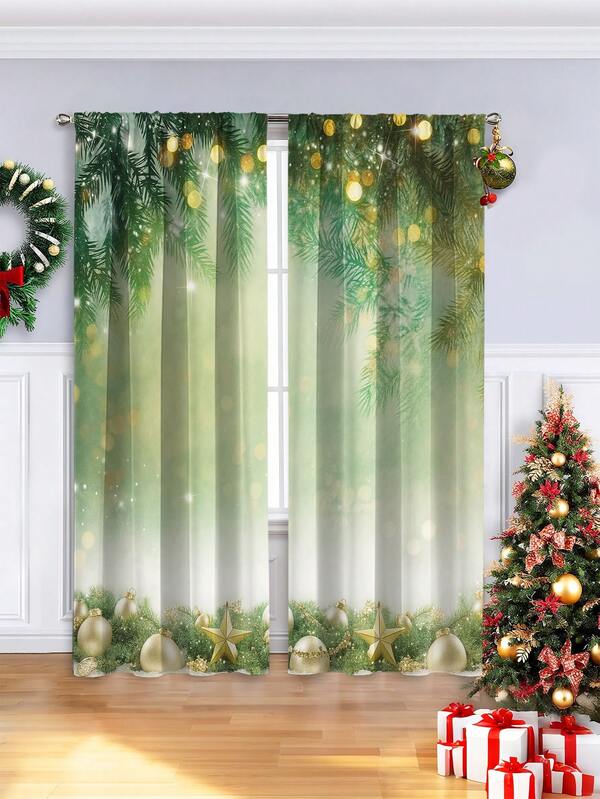 2PCS Christmas-Themed Fleece Fabric Digital Print Curtains, Green Curtains With Christmas Gradient Design, Rod Pocket Installation, Semi-Transparent Polyester Material - Suitable For Living Rooms, Kitchens, Bedrooms, Hotels, Restaurants