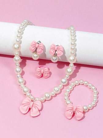 5 Stücke/Set Mädchen süße Schleife Anhänger Halskette Armband Ohrringe Ring Schmuckset, charmanter perlenbesetzter Kinderschmuck, geeignet als Geschenk für Mädchen Geburtstag