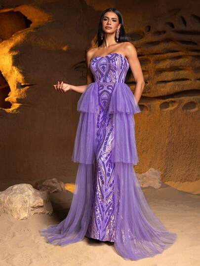 Faeriesty Strapless Formal Evening Gown, Layered Sheer Fabric Patchwork, Fishtail Hem - Elegant Formal Attire, Suitable For Red Carpet Events, Black Tie Galas, Wedding Receptions, Awards Ceremonies, Charity Dinners And More