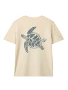 Plus Size-Women's Summer New Simple Cute Sea Turtle Print Casual Vacation Style Loose Fit Round Neck Apricot Short Sleeve T-Shirt, Fashionable Everyday Top, Suitable For Daily Vacation Wear, White Top - 杏色 - 查看 3