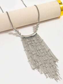 ZAA 流苏圆形几何项链，个性化设计银色流苏瀑布项链，酷炫氛围项链，毛衣链女式项链，女士首饰，长款项链，适合外戴，宴会专属项链 - 銀色 - 查看 3