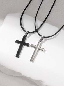 2pcs Couple Style Cross Pendant Necklace, Best Friends & Siblings & Lovers Memorial Cross Necklace - Black - View 7