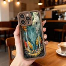 Cubierta de telefono con borde negro diseño bosque encantado con animales y arboles coloridos para uso diario en cafeterias y espacios interiores Aplicable a los teléfonos de la serie Apple y Galaxy - Café integral - Ver 2